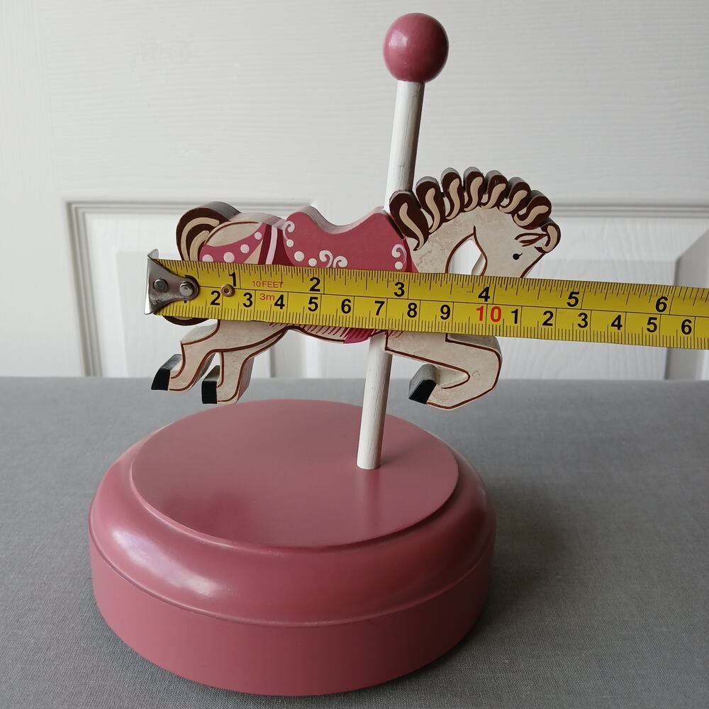 Vintage Handmade Wooden Carousel Horse Music Box pink "Dancer" 5"diameter 7.5"H - Picture 10 of 10